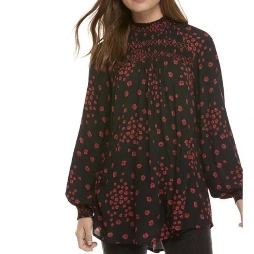 Free People Flowers In Her Hair Tunic Mini Dress Black Red
